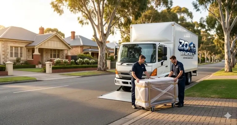 ZQ Removals truck parked beside an Adelaide home while removalists move wrapped furniture