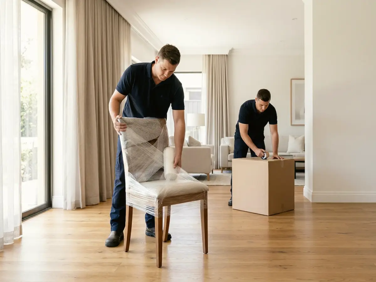 Adelaide removalists wrapping a dining chair and packing a moving box inside a bright home